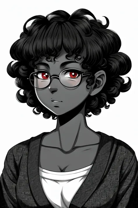 black and white manga art in naruto style of a black skinned woman with short curly hair, with curly bangs and round glasses, distracted looking to the side