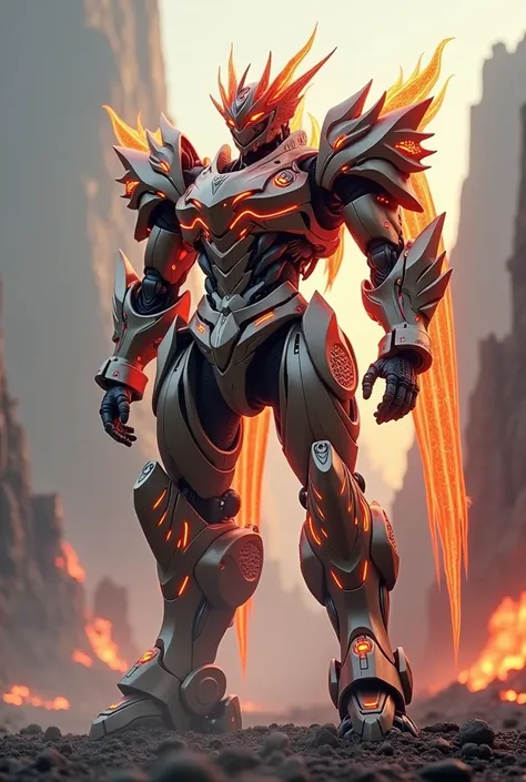 Armoured phoenix knight Mecha full body  with scenery 