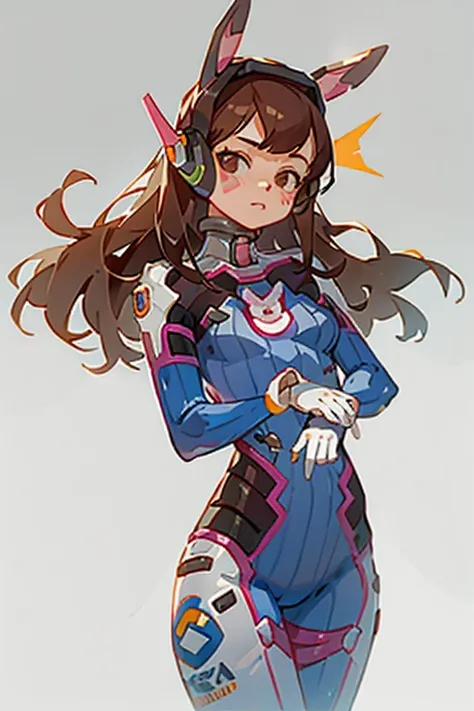 masterpiece, best quality,1girl, d.va (overwatch), solo, long hair, whisker markings, bodysuit, brown hair, facial mark, gloves, breasts, brown eyes, pilot suit, cowboy shot, headphones, white gloves, medium breasts, swept bangs, skin tight, animal print, ...