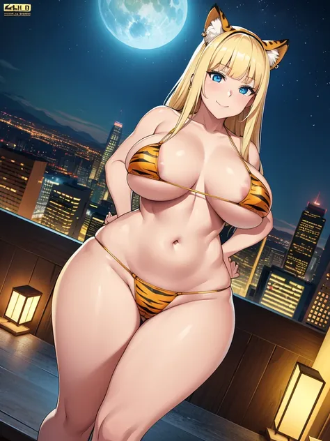 (best quality,4k,8k,highres,masterpiece:1.2), ultra-detailed, UHD, sexy woman, mature, milf, huge breasts, large breasts, curvy, blonde hair (straight bangs), blue eyes, long hair, tiger ears, tiger print microbikini, earrings, happy smile, standing, hands...