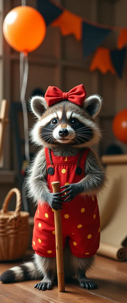 A photo of a fluffy baby raccoon wearing a vintage clown costume. The raccoon is standing in a room decorated for Halloween, with orange and black balloons, a Halloween banner, and a pumpkin. The raccoon is wearing a red and white striped dress with polka ...