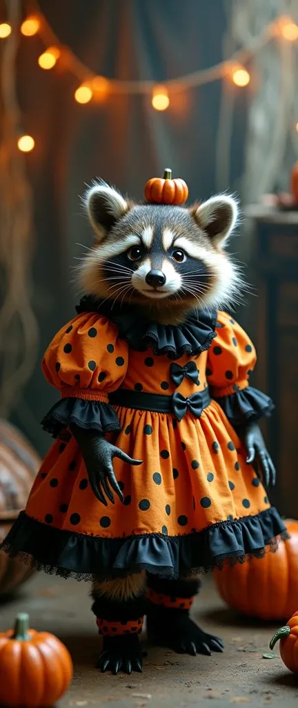 A photo of an extra fluffy baby raccoon wearing a Scary Vintage Clown Girls Fancy Dress. The raccoon is in a Halloween room with decorations.