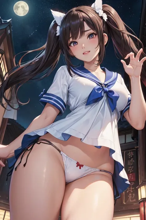 ((Best Quality)), ((masterpiece)), (detailed),Night Scenery,nsfw1.9、Front view of the whole body,(Large Breasts) ,Perfect Face,pretty girl、Long and supple hair、Twin tails,Black beautiful hair、Dynamic pose 1.7,Japanese idol girls,whole bodyに汗を掻く,smile,Embar...