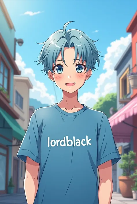 A cute anime guy with a blue shirt that says lordblack 