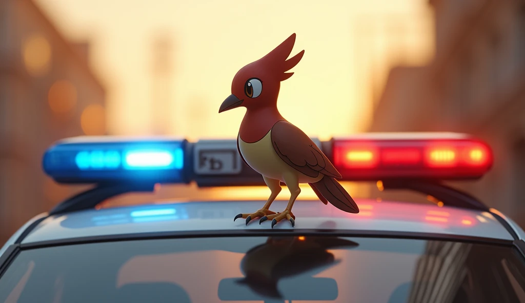 brown sperow standing on a roof of a police car, blue and red lights blinking behind the spearow, at golden hour, cenematic, realistic.