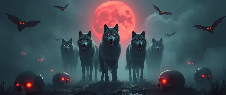 The wolves in the middle of the picture around him bats on the ground skulls with glowing red eyes in the fog,that comes from below.
above the wolves a blood-red moon, In the moon a shadow in the form of a wolf

