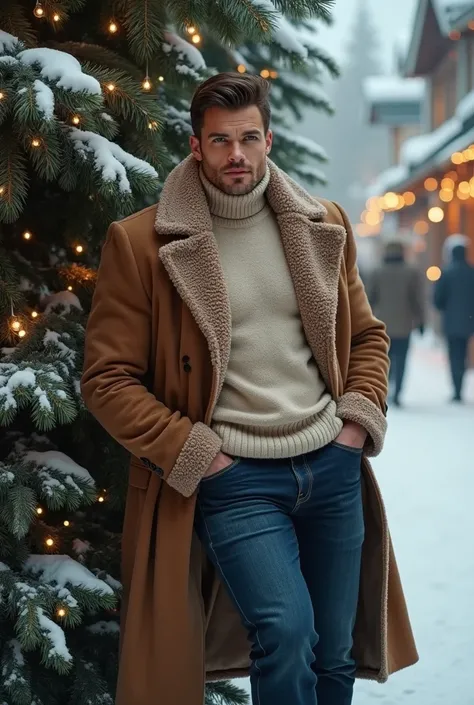 A handsome, sexy and imposing man in his 30s, light skin, grey eyes, dressed in a stylish winter coat, beige turtleneck sweater, in a snowy Christmas town, strong and muscular legs big bulge, Masterpiece , leaning on a pine tree with Christmas decorations ...