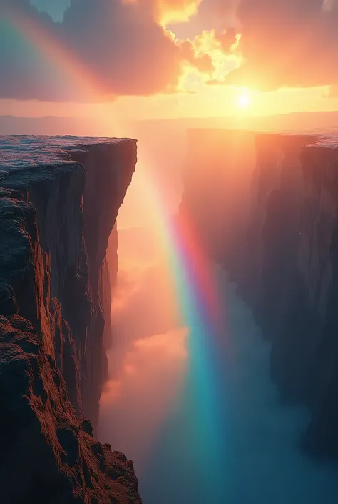 at the edge of the world, (dizzying view), (epic with rainbow and sun), (bright colors), super clear image, incredibly beautiful photo, сsuper clear image, full frame perspective, professional photography, super detailing, Hasselblad H6D-(100C, with a prof...