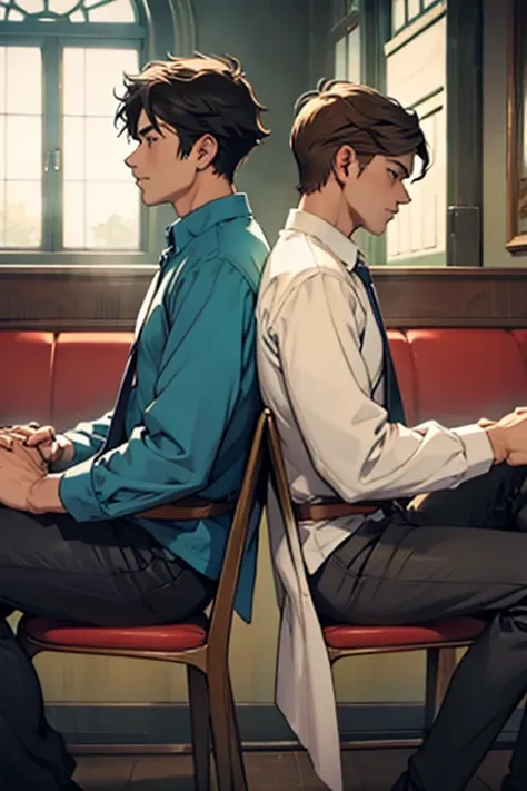 Two men sitting back to back, holding hands