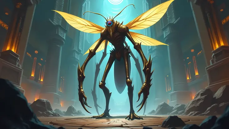 The humanoid Mosquito is located in the main temple of League of Legends, featuring a 2D game art style, mysterious temples, digital improvements, map combinations, vivid action depictions and unique monster illustrations     