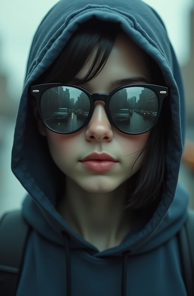 ((Young man white skin girl face ))((shoulder length hair)) ((With blue hood ))and ((Dark black glasses reflecting the city in their lenses )) ((in the background a realistic city on a cloudy day cinematic wet city ))(( hombre sin barba muand lindo pelo co...