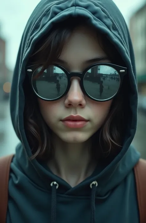 ((Young man white skin girl face ))((shoulder length hair)) ((With blue hood ))and ((Dark black glasses reflecting the city in their lenses )) ((in the background a realistic city on a cloudy day cinematic wet city ))(( hombre sin barba muand lindo pelo co...