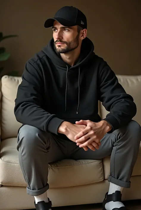 a man sitting on a beige sofa, wearing a black hoodie, black sandals with white socks, comfortable and dominant expression, wearing a black cap and grey pants, looking sideways, natural photography, cinematic lighting, highly detailed, hyperrealistic, 8k, ...