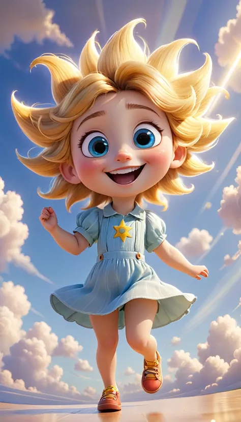 A personified sun, in Disney Pixar style, with a friendly and cheerful face. He has big expressive eyes, a warm smile and rosy cheeks. The sun has short arms with small, adorable hands, as well as short legs and small feet that give a feeling of energy and...