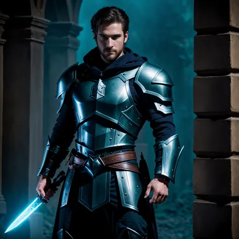 1man, A shot An awe-inspiring male paladin, 30 years old，small beard, Sexy and charming expression，gloomy eyes，Blue eyes, emb3r4rmor, extremely masculine physique, dynamic pose, emanating potent light magic. The scene is set in a dark and mysterious citysc...