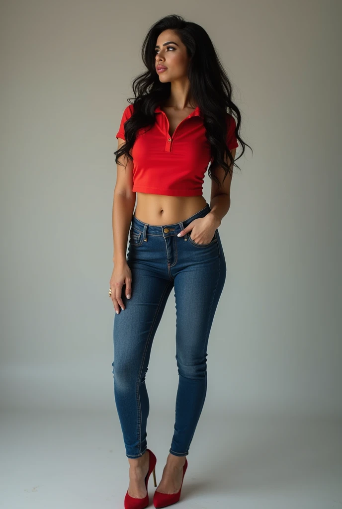 Bergaya photography,beautiful latin women,black hair,ideal body,solid chest,wearing a red tight tennis polo,wearing tight blue jeans,wearing red high heels,blowing a kiss sideways,close eyes,best quality 8k hd,detail,photography, standing in full height,fu...