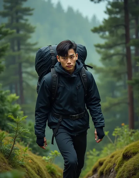 photography of a handsome young Korean mountain climber, he wears a black colored jacket and a large black backpack, tall body, Clean Face, hair neatly cut, background of trees along the forest ultra HD hyper detail.