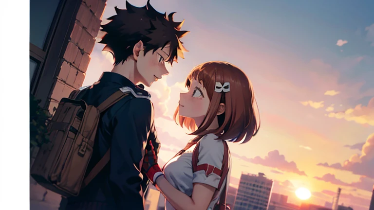 peter parker and ochako uraraka de boku no hero academia, rediscovering the end of the final war of boku no hero when leaving the hospital at sunset... 