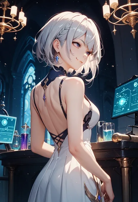 1girl,Alone, looking away, anime, from behind, smug ness, beautiful Hand, nsfw, silver Hair,  (Genshin Impact:0.8), (masterpiece, ultra_detailed), Ultimate Quality, (Dark Laboratory), night, room, ☕, 