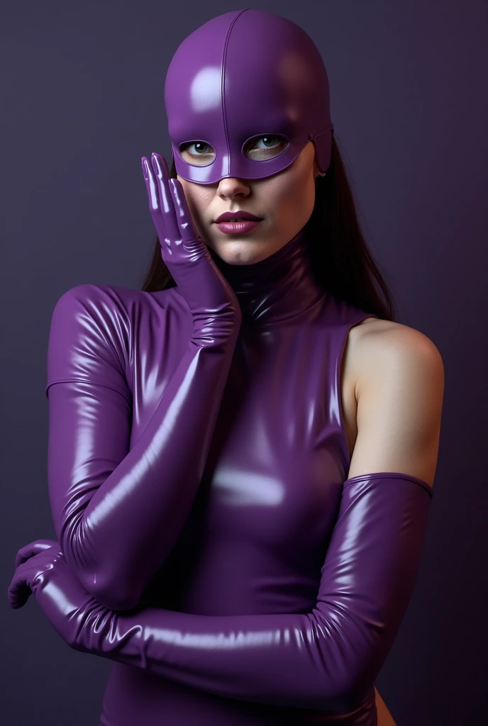 Buautiful girl with long purple latex gloves and full purple latex mask doing sexy poses