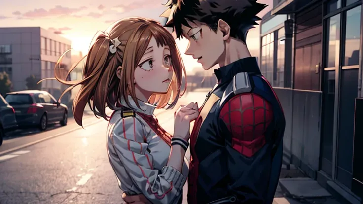 peter parker and ochako uraraka de boku no hero academia, meeting again at the end of the final war of boku no hero when leaving...