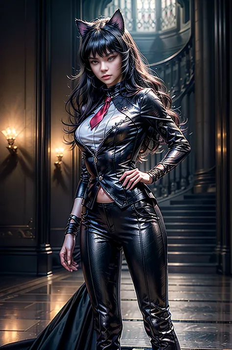 (masterpiece, best quality:1.2), solo, 1girl, cowboy shot, blake belladonna, expressionless, closed mouth, looking at viewer, cat ears, formal, black suit, red necktie, black pants, pointy footwear, standing inside huge palace, stairway, (masterpiece,stunn...