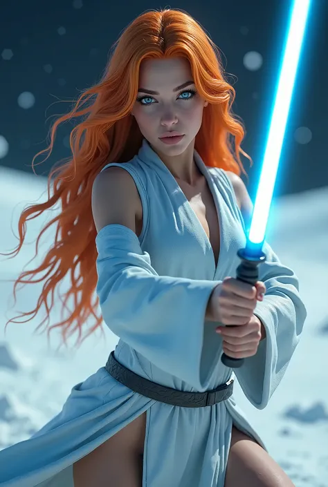 3d hyperrealistic photograph a long curly orange-haired woman ready to battle with her ice-blue glowing sword and dressed in a very wide open sexy minimal ice-blue jedi outfit and a fierce fight poses, Background starwars. photorealism, cinematography, loo...