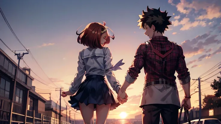 peter parker and ochako uraraka de boku no hero academia, meeting again at the end of the final war of boku no hero when leaving the hospital at sunset... 