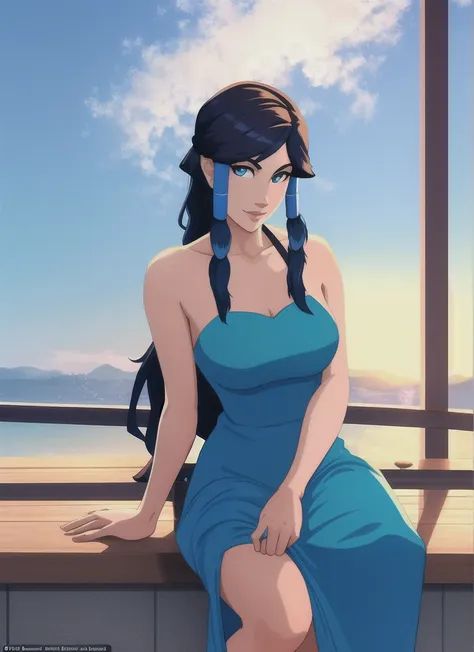 order, the avatar and master of all four elements, pictured in a casual and relaxed pose wearing a blue evening dress. the eveni...