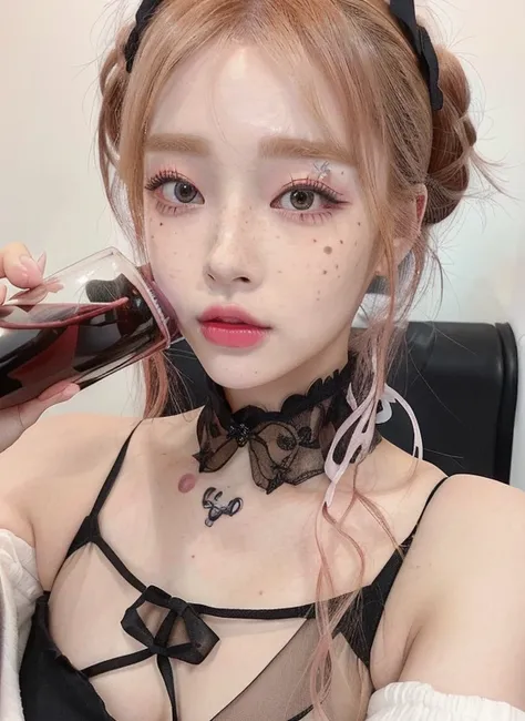 anime girl with a bird on her shoulder holding a glass of wine, 1  anime goth girl, 🤤 girl portrait, realistic aesthetic, small freckles, hyper realistic teenager, barbie doll, freckles!!!, detailed face, realistic face, realistic fingers, jisoo from black...