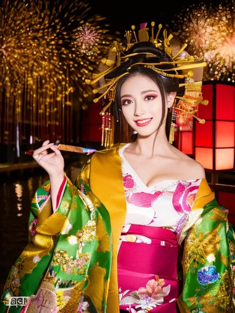 ((masterpiece(:1.4)，Highest quality，Ultra-high resolution，Highest quality，8k，Extremely detailed，In detail))。night，Fireworks display，Japanese，A beautiful woman，Big Breasts，Flashy gal makeup，Oiran，Long-sleeved kimono，Uchikake，Gold brocade，Sunny clothes，Hair ...