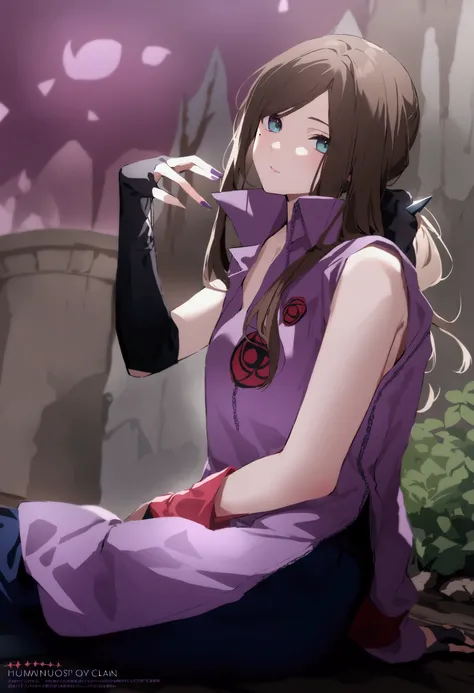 Izumi had long brown hair (in a ponytail in her youth) with bangs framing her face and onyx eyes, with a mole under her right eye. She wore a long-sleeved, high-collared purple shirt with the Uchiha clan symbol on the back, baggy blue pants, a shuriken hos...