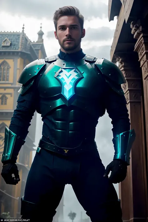 1man, A full body shot of an awe-inspiring male paladin, 30 years old，small beard, Sexy and charming expression，gloomy eyes，Blue eyes, wearing a tight embers black bodysuit, extremely masculine physique, dynamic pose, emanating potent light magic. The scen...