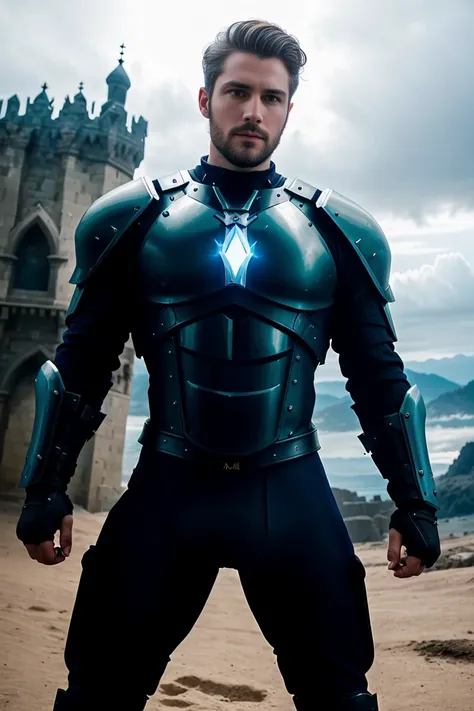 1man, A full body shot of an awe-inspiring male paladin, 30 years old，small beard, Sexy and charming expression，gloomy eyes，Blue eyes, emb3r4rmor, wearing a tight embers black bodysuit, extremely masculine physique, dynamic pose, emanating potent light mag...