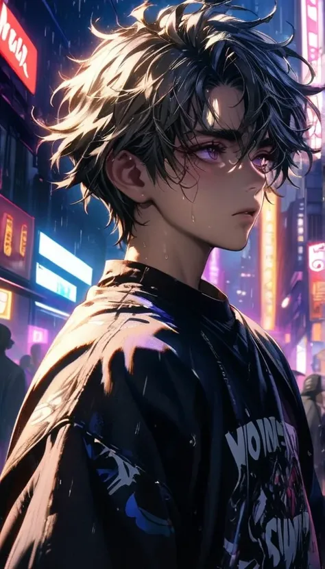 1 Boy, ((Very detailed, High resolution, Very detailed, Best Quality, wonderful, Best Quality, Very detailedな CG Unity 8k 壁紙, Cinematic lighting)) , Upper Body, Looking Back, A boy gazing into the distant sunset, Messy Hair, Wear simple, oversized street s...