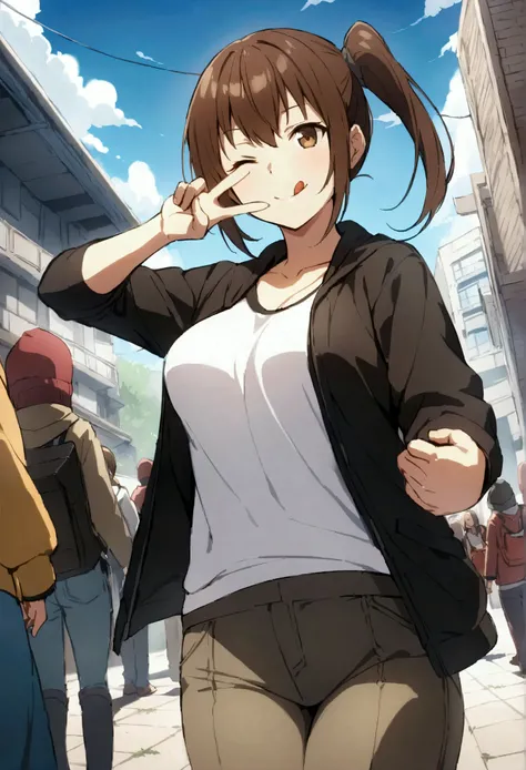 score_9、score_8_up、score_7_up、source_anime、Kaga、Short Hair、Brown Hair、Brown eyes、Side Ponytail、Kaga (Kantai Collection)、Medium breast、レターマン jacket、jacket、Outdoor、crowd、people々、V、目の上に V、One eye closed、Tongue out、smile、Beanie、pants、Open clothes、はだけたjacket、、C...