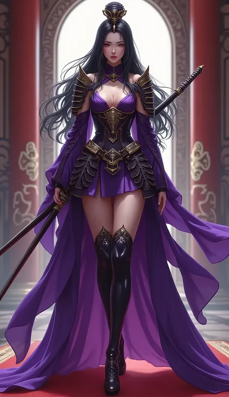 Majestic Female General，slim figure，Ripe and well-fed，exciting huge ，sexуальные длинные ноги，no extra flesh，Put on purple gelcoat，, full height, whole body, He has a Japanese sword hanging on his belt..，with a bow and arrow on his back，wear japanese armor，...