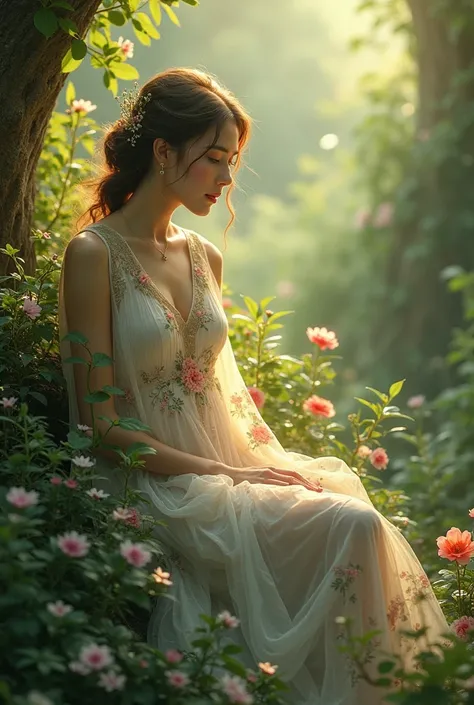 Imagine a woman dressed in a long, flowing dress, decorated with patterns of leaves and flowers, while sitting in a garden full of natural light.