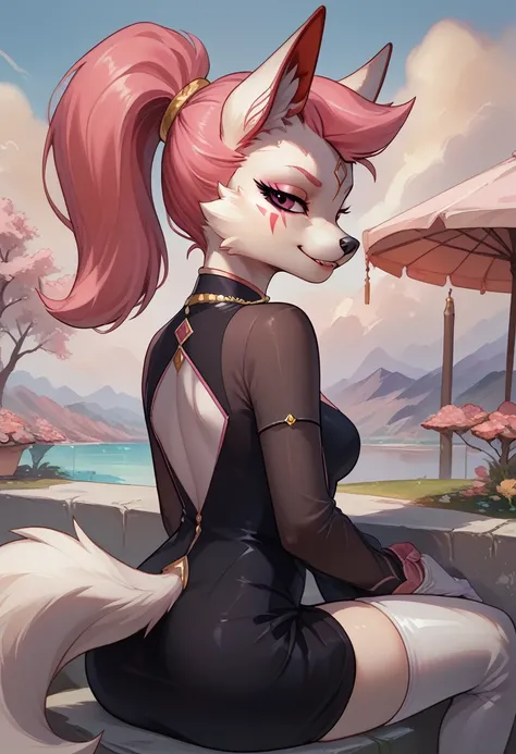 score_9, score_8_up, score_7_up, ultra quality, 1girl, Kimikoxl, anthro, white fox girl, white fur, pink hair, ponytail, white animal ears, animal nose, pink eyes, face markings, smirk, sweet smile, mouth closed, black dress, dress, skin tight dress, white...