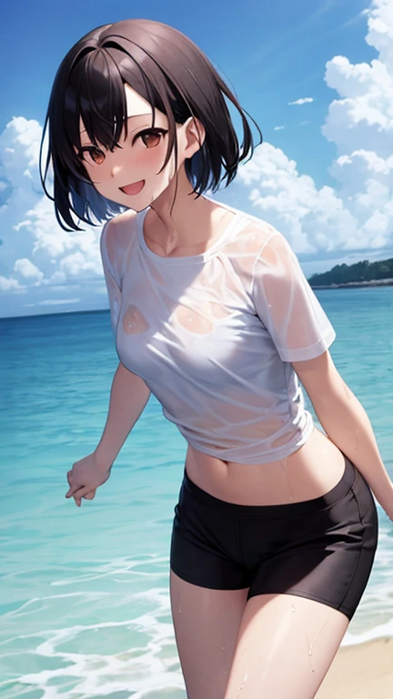 Ryunosuke Akutagawa 1 female with very short hair as black as night, bright brown eyes, 
She has small breasts and is wearing a white shirt and black shorts. Her clothes are wet., playing in the water, smiling, in the background the sea of the beach anime ...