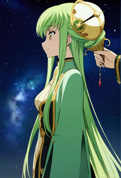 Two of her. Mirroring Clone C.C. Two of C.C. Anime girls code geass C.C. lamp clock. ,long light green hair,unique umber color eyes, I smile, Simple background, Great job, precise, Anatomy is correct, Best quality,   Side view looking at starry night sky 