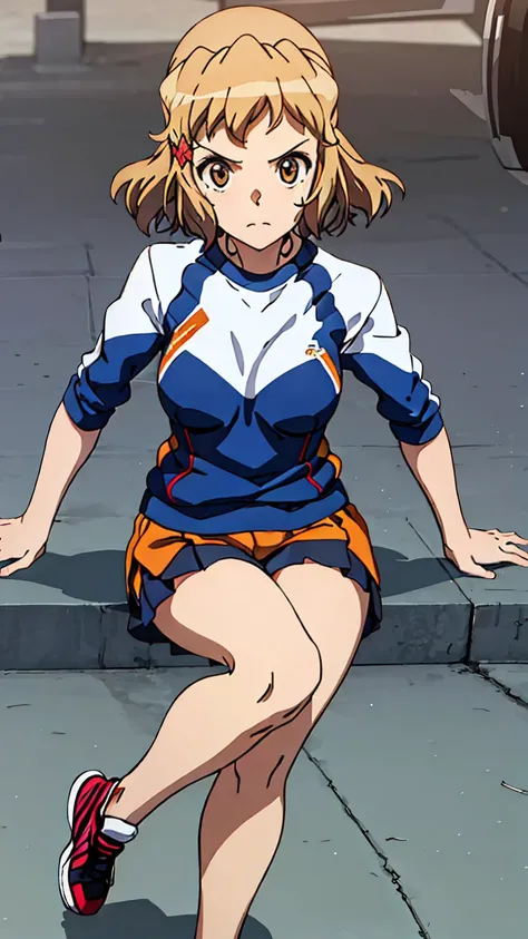 Woman sitting on the ground, Gym clothes,Blue Bloomers, Shyness, Girl with short curly blonde hair, Asuka suit worn under clothes!, gym, really like, Attractive girl in shorts,sporty, Realistic school girl