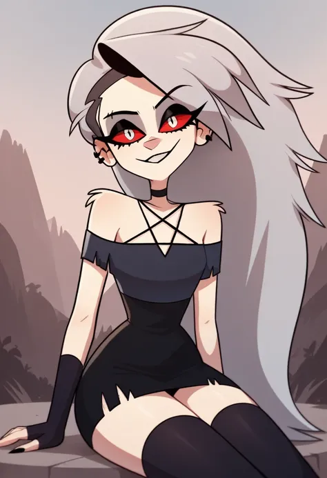 score_9, score_8_up, score_7_up, ultra quality, 1girl, 1girl, solo, red eyes, Human Loona,Loona, Loona (Helluva Boss), thigh highs, smirk, mouth closed, fingerless gloves, human, white girl, white hair, red eyes, black dress, dress, skin tight dress, earri...