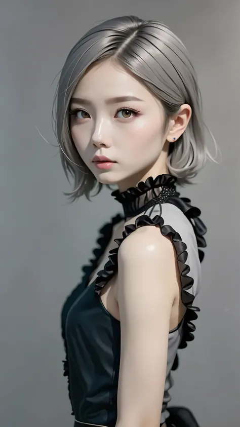 Perfect Anatomy、Best Quality、Masseter region、Very detailed、8ｋ、Accurate depiction of the human body、Full body angle、Delicately painted face、１４、Woman with beautiful face、Gothic Fashion、Black Gothic Fashion、Black and white outfit、(((美しい絹のようなGray Hair:1.5、Gray...