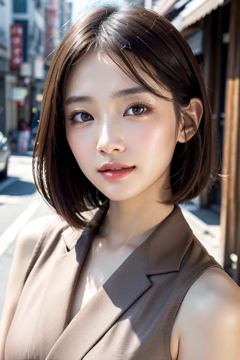 with the backdrop of tokyo alleys、1 girl、independent、look forward to、light eye makeup、brown hair color、flat 、hair blowing in the...