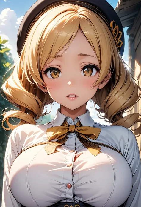 (Highest quality:1.24, Very detailed, Delicate and beautiful CG art, Detailed illustrations, High detail, masterpiece:1.2, Highest quality, Best aesthetics), (((1 Girl))), (Tomoe Mami, White shirt, corset, hat, Big Breasts, Droopy eyes:1.4, Twin Drill), Sh...