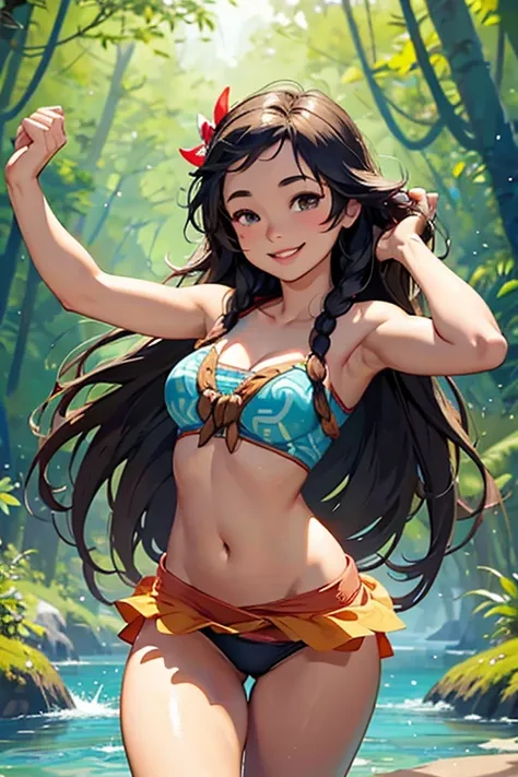 Smiling cheerful Disneys Moana with very long down loose hair down to her hips in the forest 