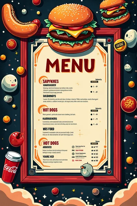 You can create an extraordinary and innovative menu for a hamburger selling business, Hot dogs and coffee plus coke please, something that has not been seen, I know you will do great, surprise me 