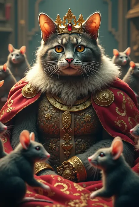 a king cat with rat servants, highly detailed, intricate, complex, ornate, dynamic composition, surreal, fantastical, whimsical, vibrant colors, chiaroscuro lighting, (best quality,4k,8k,highres,masterpiece:1.2),ultra-detailed,(realistic,photorealistic,pho...