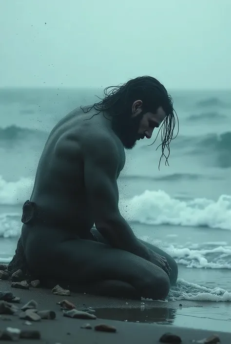 Davy Jones on his knees on the shore, His body disintegrating into particles of mist and salt water as he looks out at the ocean for the last time. His expression is one of sadness and resignation.. the sea, previously in storm, begins to calm down